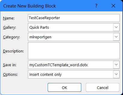 Create new building block dialog box