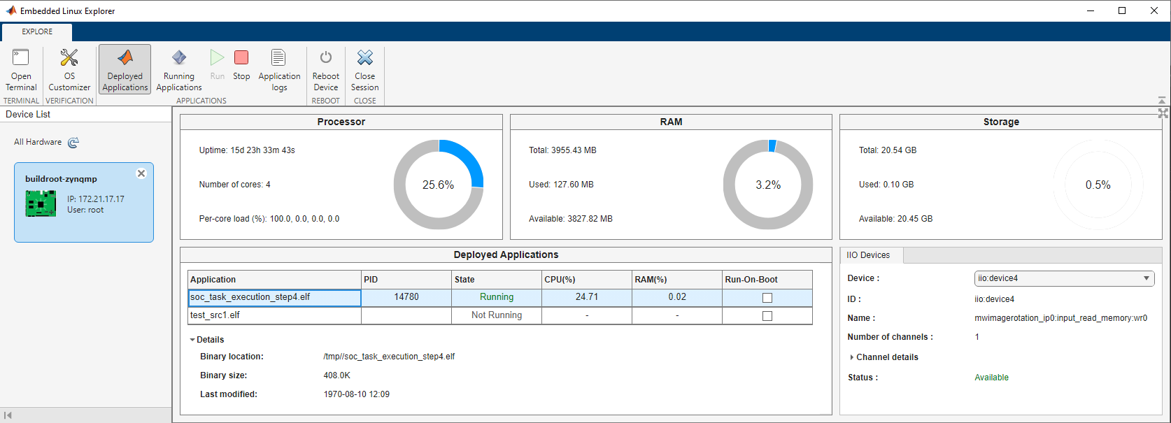 Embedded Linux Explorer open with the soc_task_execution_step4_sw.elf application running.