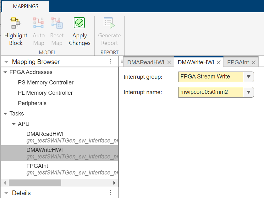 Hardware Mapping tool open. The task DMAWriteHWI selected in the Mapping Browser, the Interrupt Group is set to "FPGA Stream Write", and Interrupt Name is set to "mwipcore0:s0mm2".