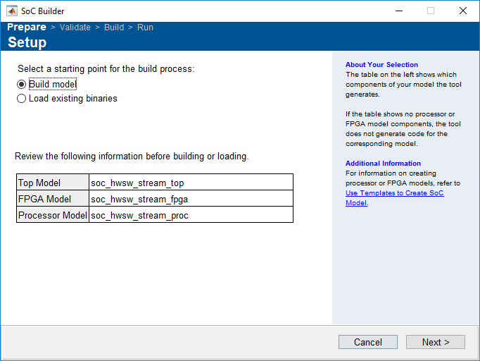 Setup window in the SoC Builder tool