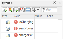 A Symbols pane with three undefined data named chargePct, isCharging, and sentPower.
