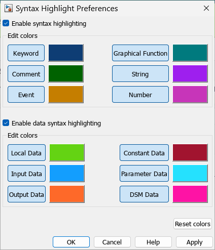The syntax highlighting preferences menu.