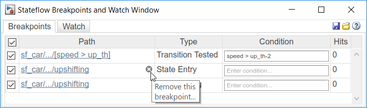 Remove this breakpoint icon in the Stateflow breakpoints and watch window.