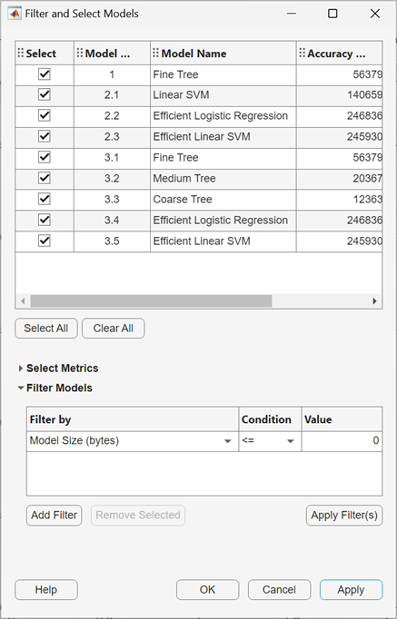 Filter and Select Models dialog box