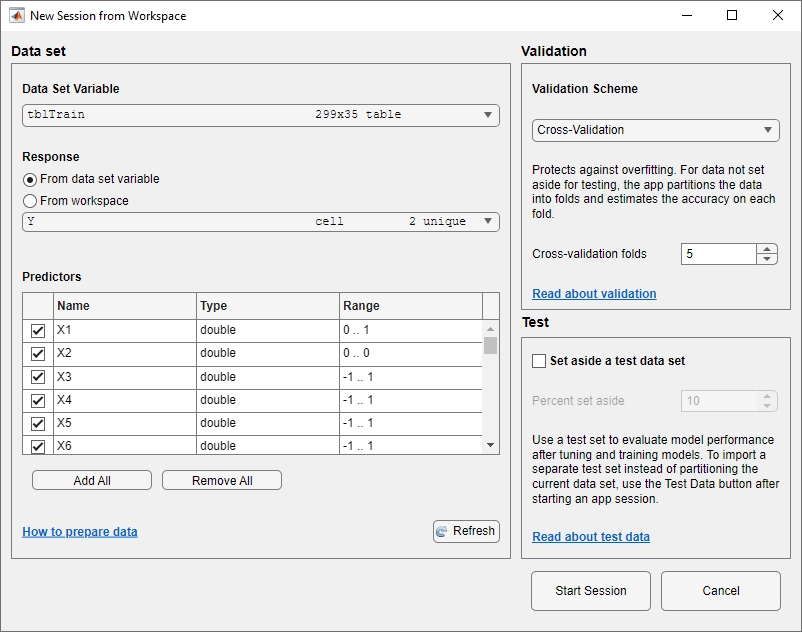 New Session from Workspace dialog box