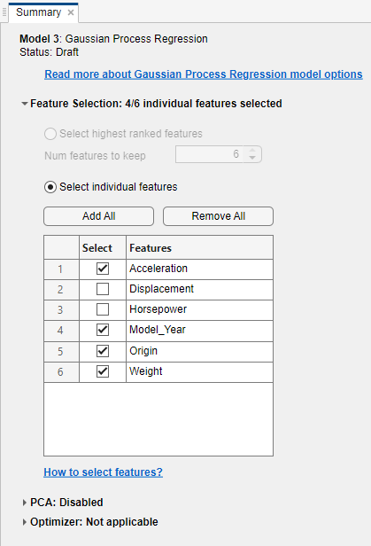 Feature Selection section of the Summary tab with the Displacement and Horsepower features unselected