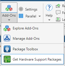 Use the Add-Ons pull down menu to Get Hardware Support Packages.