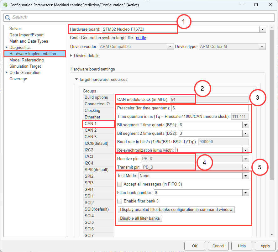 Model configuration parameters for selecting CAN resource on Nucleo board