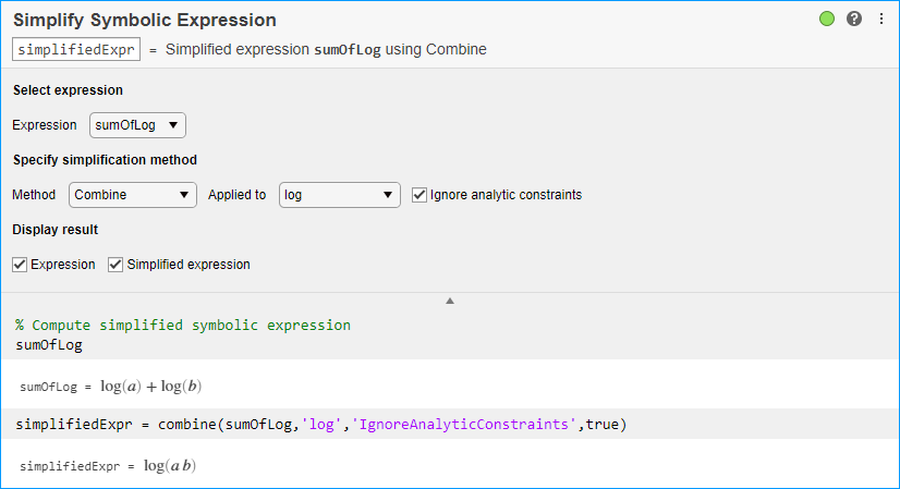 Simplify Symbolic Expression task in Live Editor