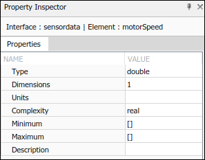 Properties for the interface element named 'motor speed' in the Property Inspector showing. Properties include Type as double, Dimensions as 1, Units as blank, Complexity as real, Minimum, which is empty, Maximum, which is empty, and Description, which is blank.