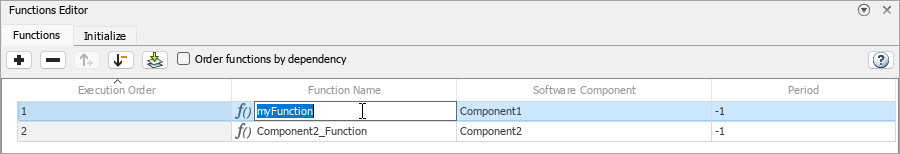 The Function Name column in the Functions Editor shows that the first function name has been changed to myFunction.