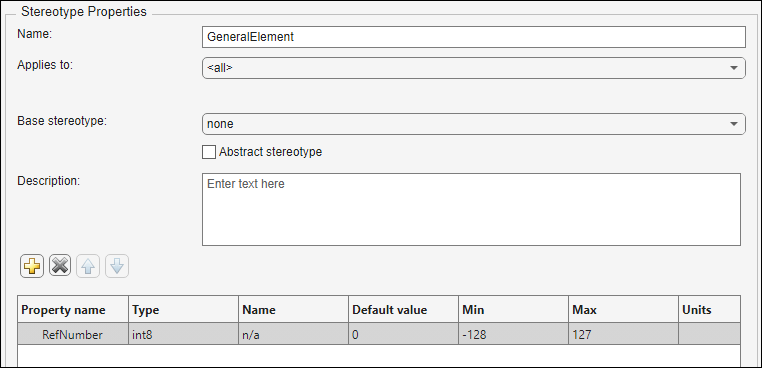 Stereotype properties section for stereotype named 'General Element' and property name 'Ref Number' of type int8 with a default value of 1.