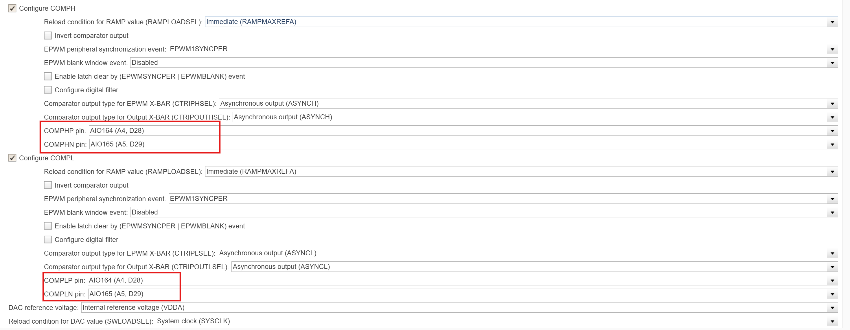 CMPSS Configuration Parameters showing COMPHP, COMPHN, COMPLP, and COMPLN pin drop-downs