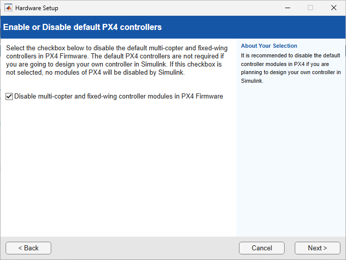 Enable or Disable default PX4 controllers screen with Disable multi-copter and fixed-wing controller modules in PX4 Firmware checkbox selected.