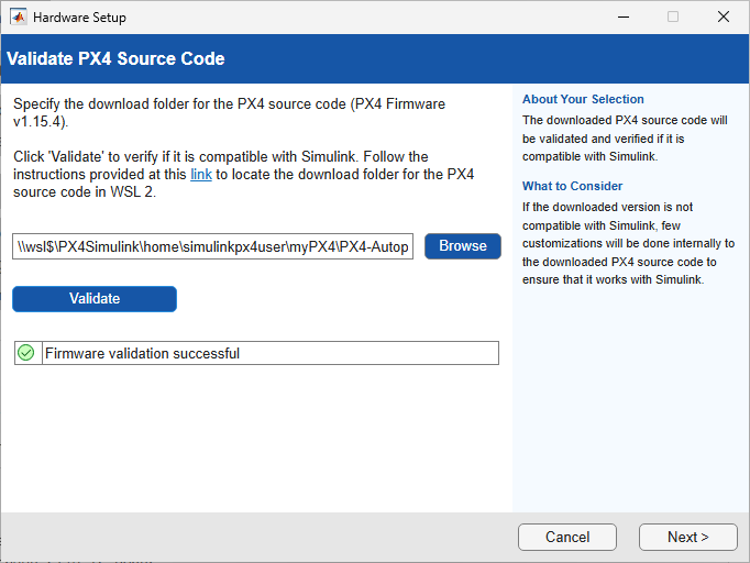 Validate PX4 Source Code screen showing firmware path and Firmware validation successful message.