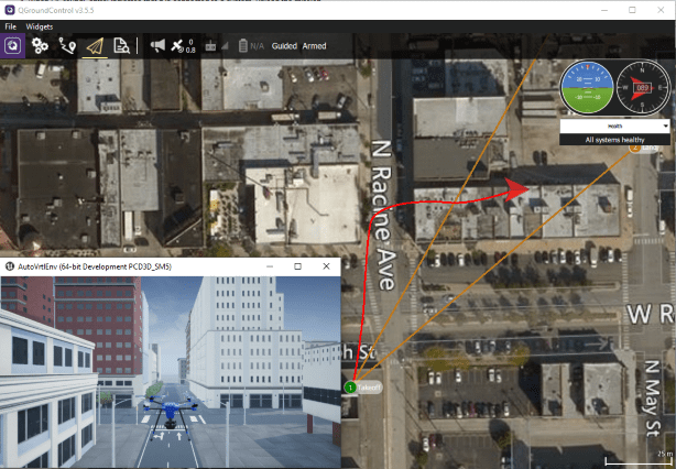 UAV flight path in QGroundControl which shows that it avoids obstacles