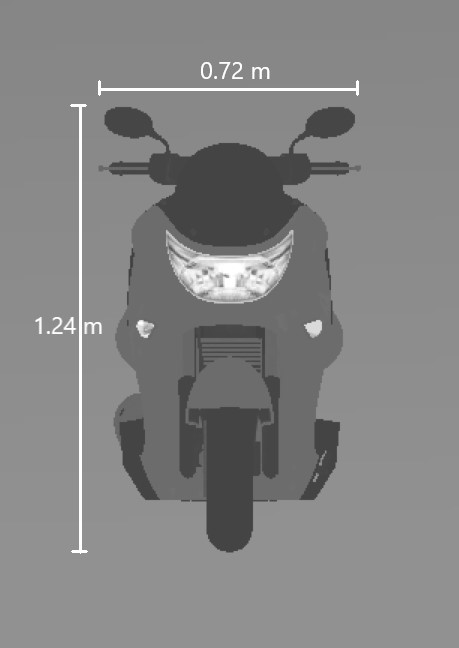 Front view of scooter. Width is .72 meters. Height is 1.24 meters.
