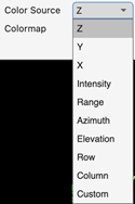 Color source options as Z, Y, X, Intensity, Range, Azimuth, Elevation, Row, Column, and Custom