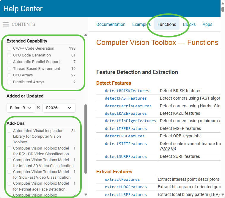 Computer Vision Toolbox funcions list showing the Extended Capabilities and Add-Ons left-navigation bar check boxes.