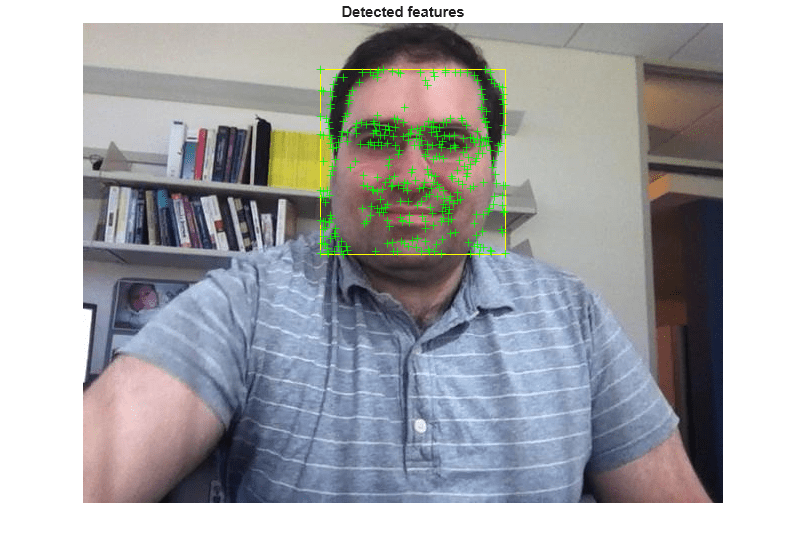 Figure contains an axes object. The hidden axes object with title Detected features contains 2 objects of type image, line. One or more of the lines displays its values using only markers