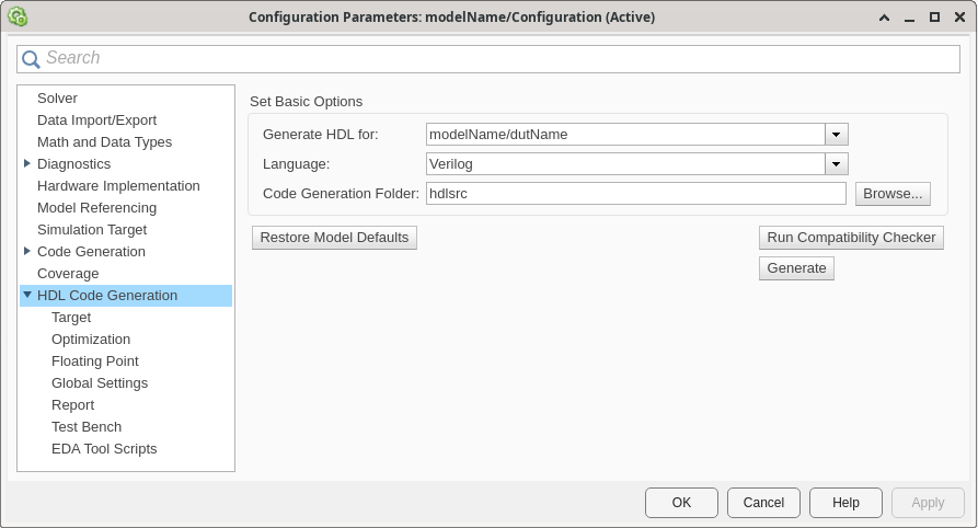 HDL Code Generation panel in the Configuration Parameters window