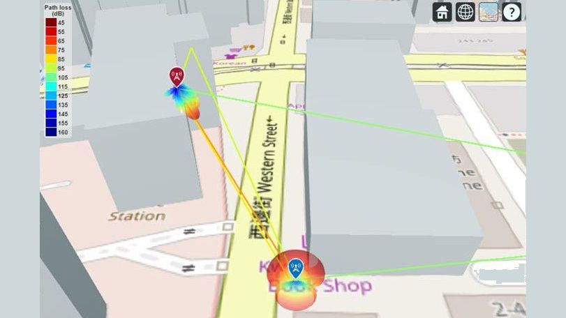 레이 트레이싱 분석을 통해 획득한 기지국으로부터 UE로 송신되는 직접 경로와 1-홉 반사 경로.