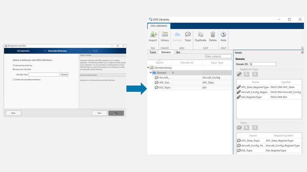 Two screenshots: one of DDS Application Quick Start and the other of DDS Libraries.