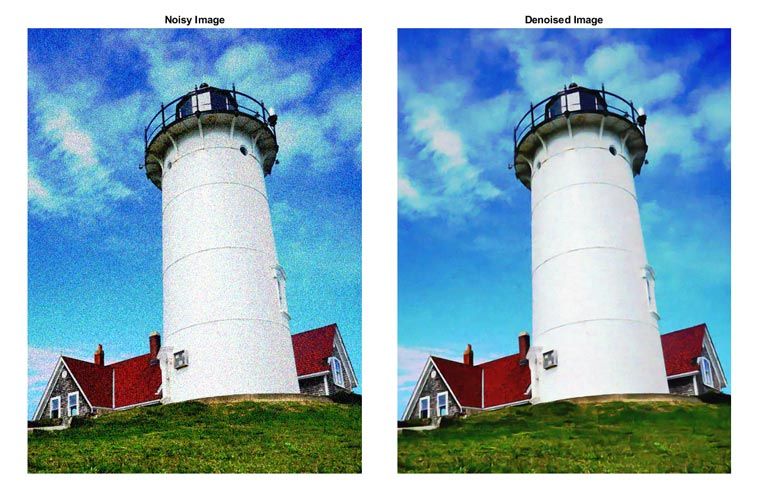 Two images of the same lighthouse side-by-side: one is a noisy image and the other is a denoised image. 