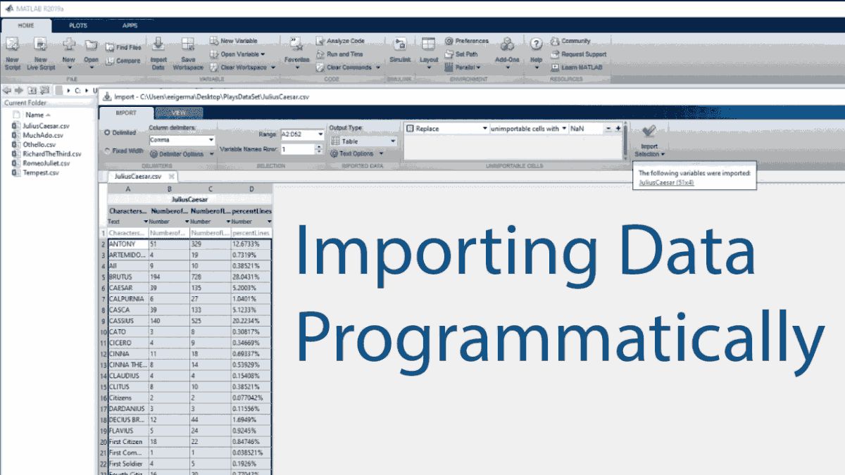 Learn how to import data programmatically in MATLAB by creating a script from the generate code option in the import tool or by writing code from scratch. 