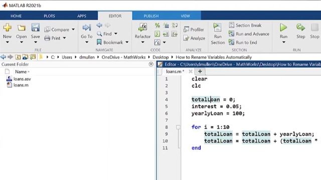 Learn how to work more efficiently by simultaneously renaming multiple instances of the same variable in MATLAB.