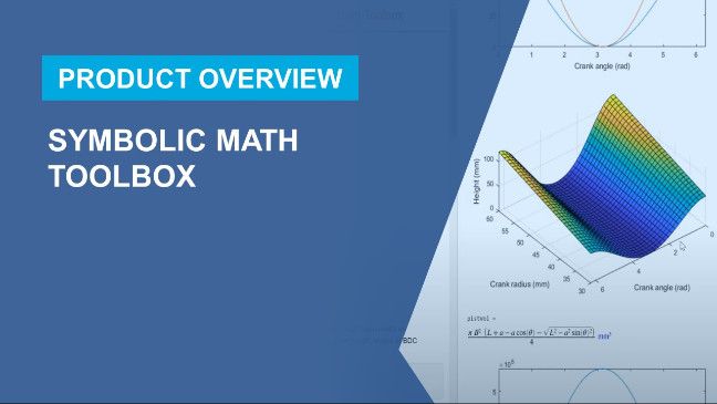 Symbolic Math Toolbox provides functions in common mathematical areas for solving, plotting, and manipulating symbolic math equations. Generate MATLAB functions, Simulink function blocks, and Simscape equations directly from symbolic expressions.